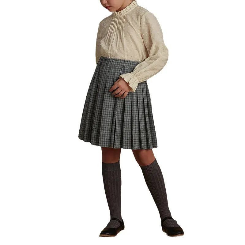 Girls cotton long sleeve polka dot top with lace trim, light apricot colour, spring clothing