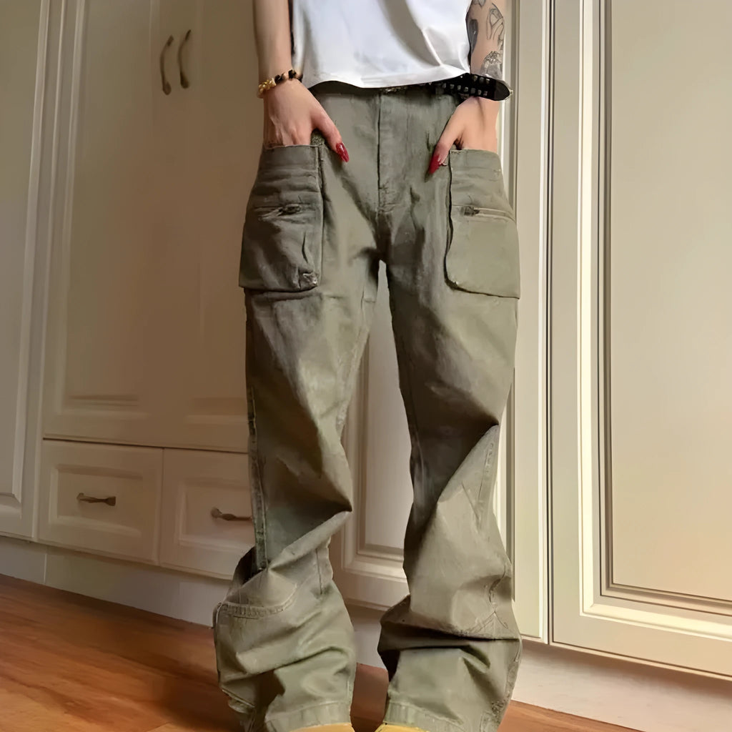Double zipper work trousers with side pocket in black or green cotton fabric