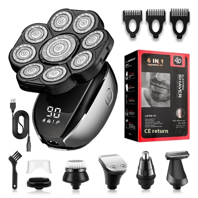 Black rechargeable 6-in-1 hair clipper kit with shaving head, nose trimmer, massage head, cleansing brush and three comb guards