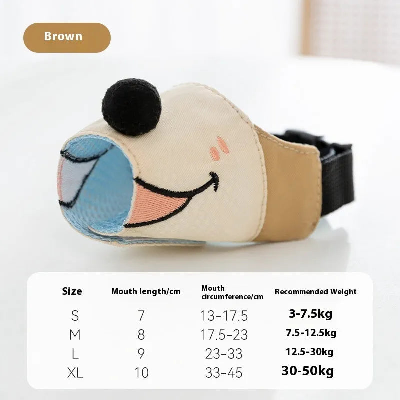Canvas dog muzzle cover in Ollie Brown Bear and Bondi Blue Shark colours, shown in sizes S, M, L, XL.