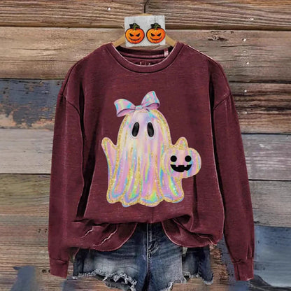Women's grey Halloween sweatshirt with raised orange pumpkin 3D print, crew neck, long sleeves