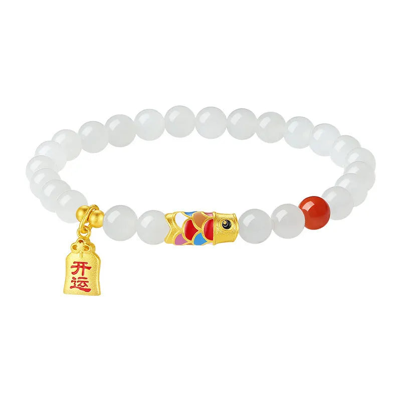 S925 sterling silver bracelet with a cold enamel crafted koi and natural Hetian jade element.