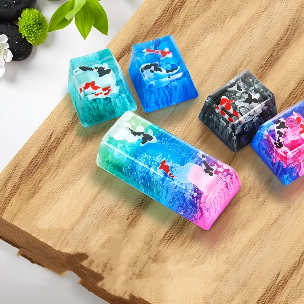 Blue scenic koi fish resin keycaps for Cherry MX mechanical keyboards showing spacebar and individual keys
