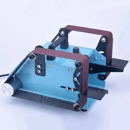 Blue desktop dual-axis belt sander for knife sharpening with variable speed control.