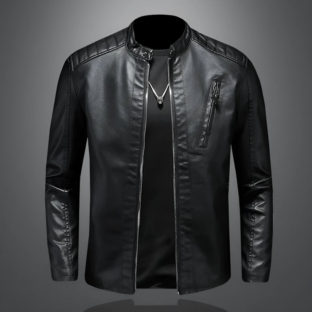 Men's plus size PU leather jacket with stand collar and zipper pockets in black, front view