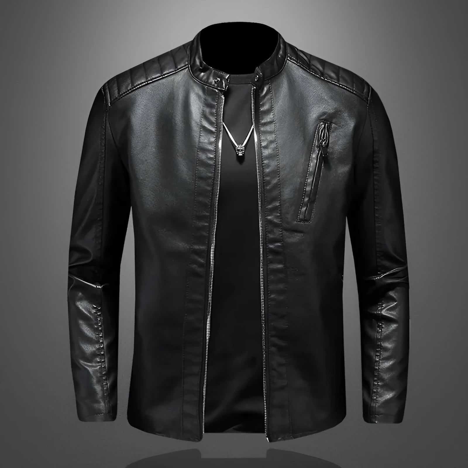 Men's plus size PU leather jacket with stand collar and zipper pockets in black, front view