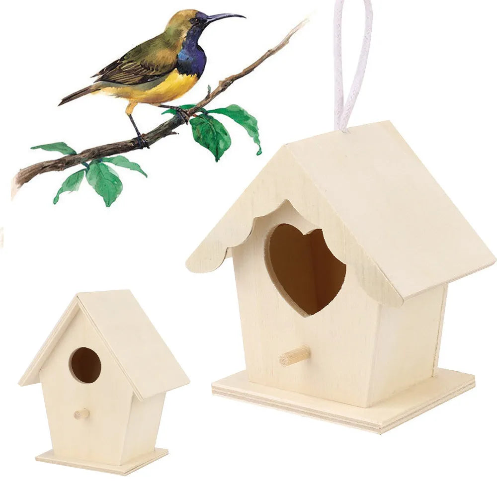 Set of six polished wooden bird nest ornaments in pine and poplar, including heart, double hole, and lace eave styles.