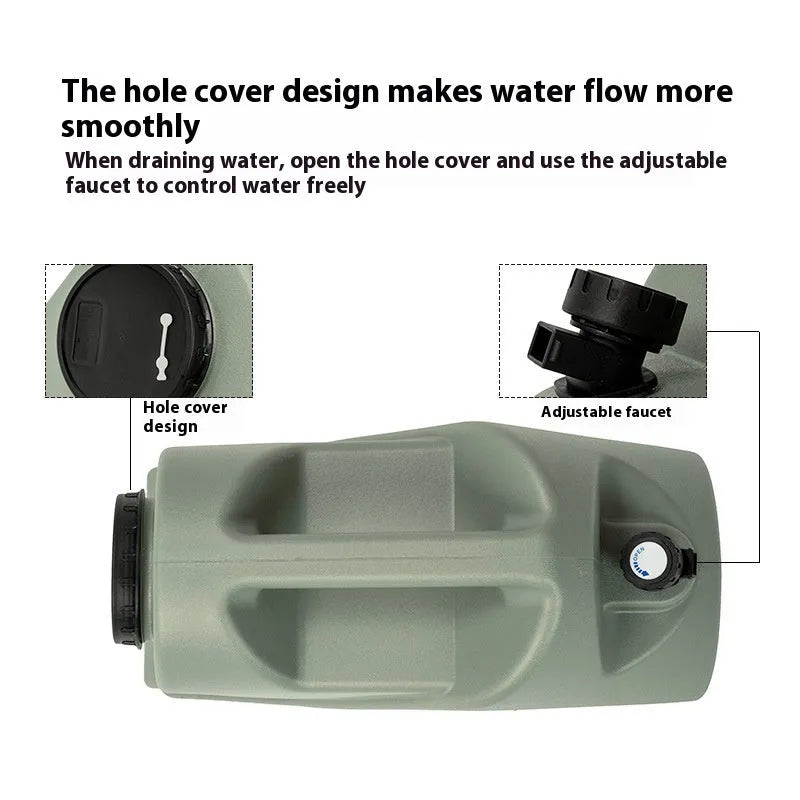 Green portable water storage tank in 13 litre snail design and 18 litre back design