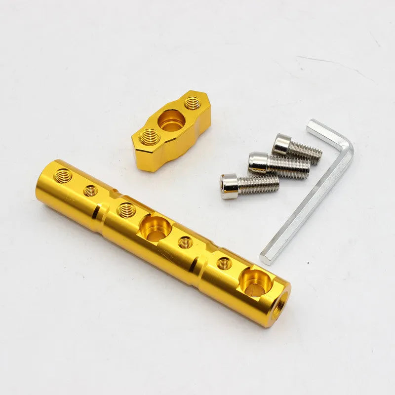Aluminium alloy motorcycle extension bracket with 10mm and 8mm screw holes in black, red, blue, and gold colours