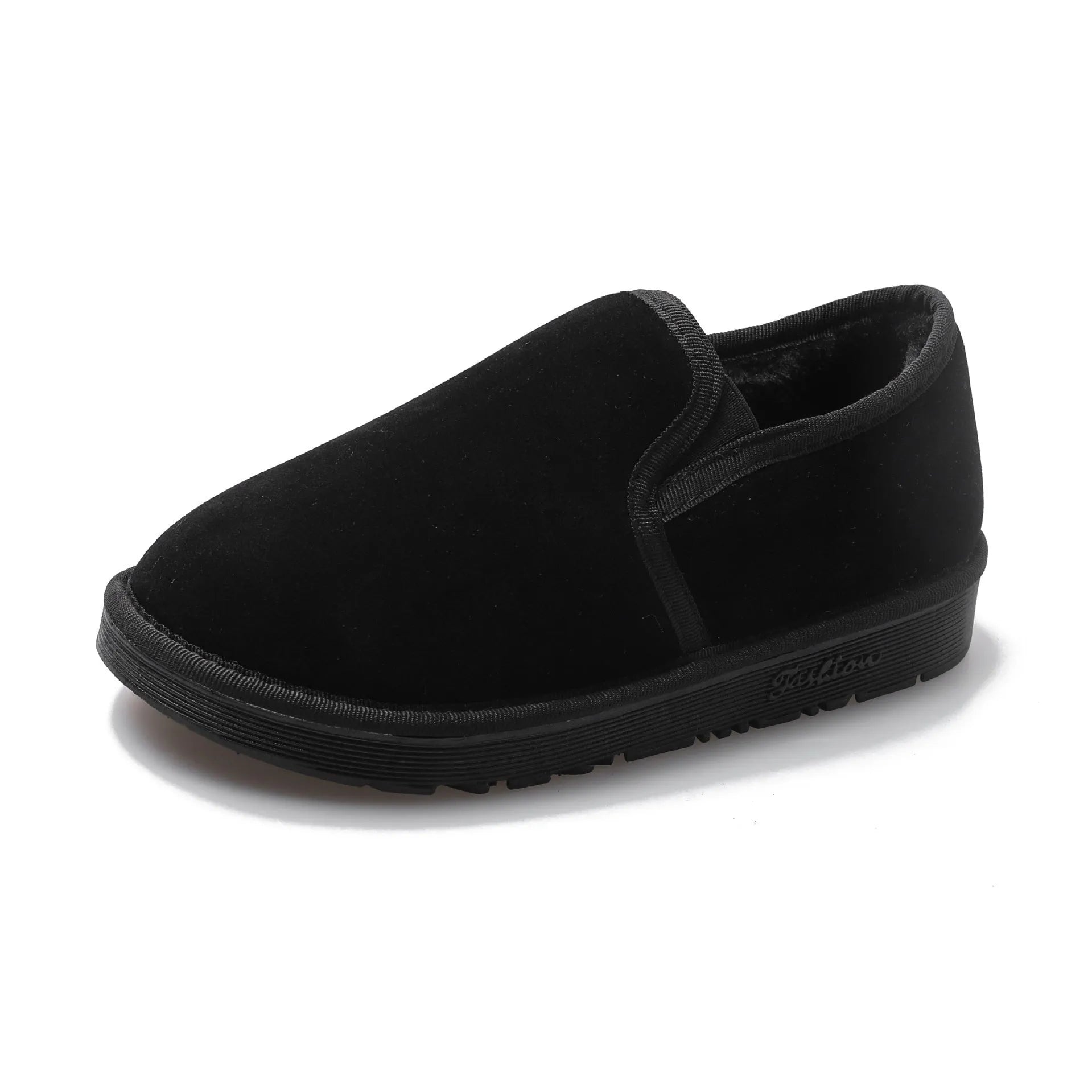 Fleece-lined flat snow boots in various colours showing low-top casual style and rubber sole.