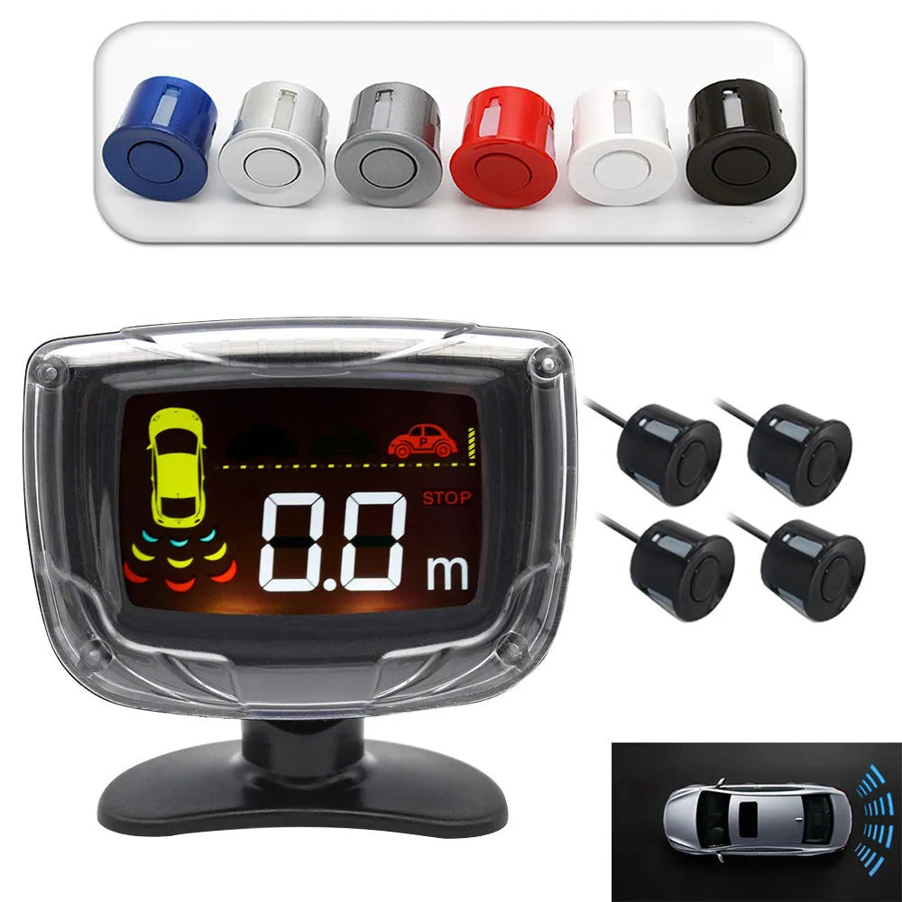 Wireless reversing sensor system with LED display unit, four probes, and installation accessories for vehicle obstacle detection