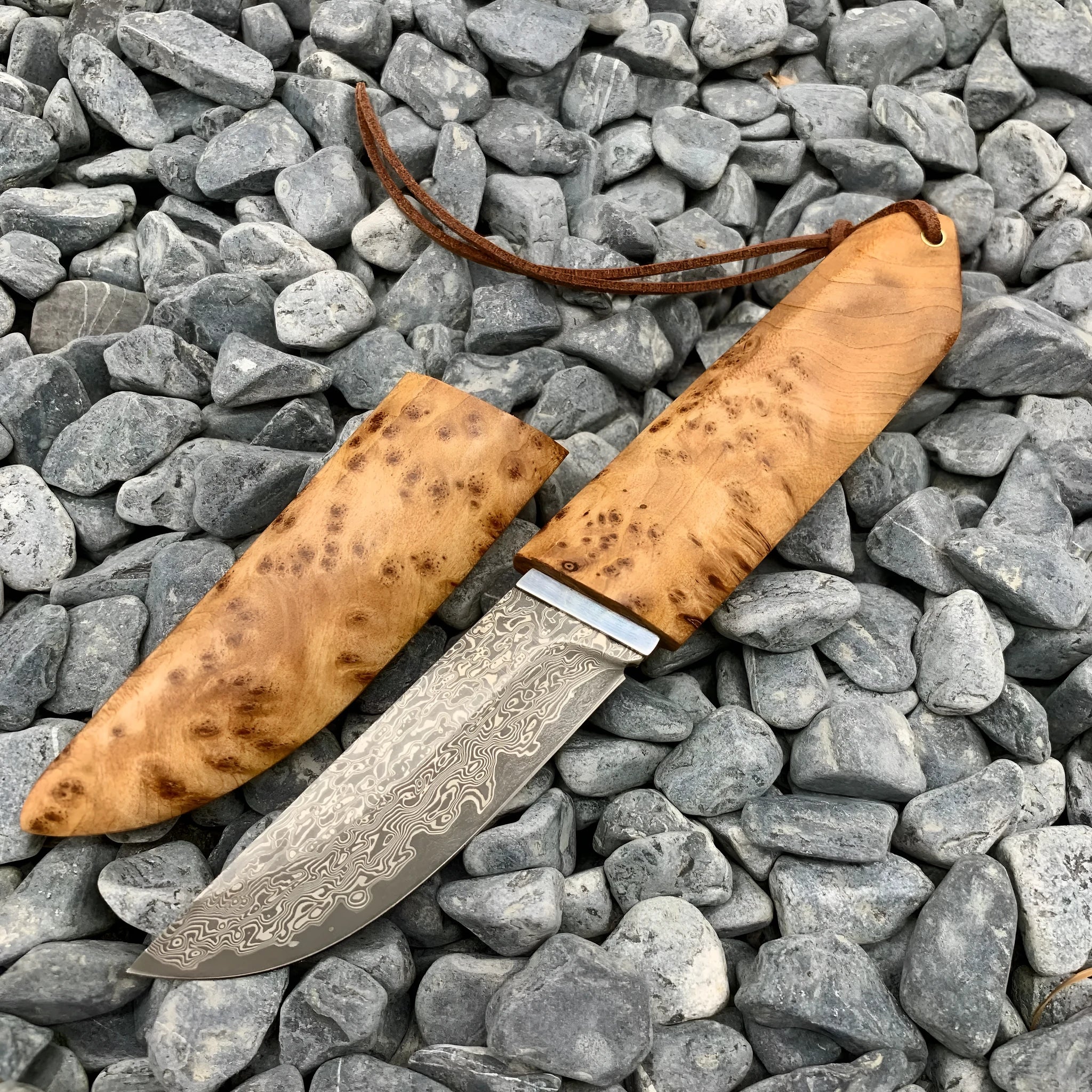 White Shadow short knife with Damascus steel blade and Thuja wood handle measuring 18cm