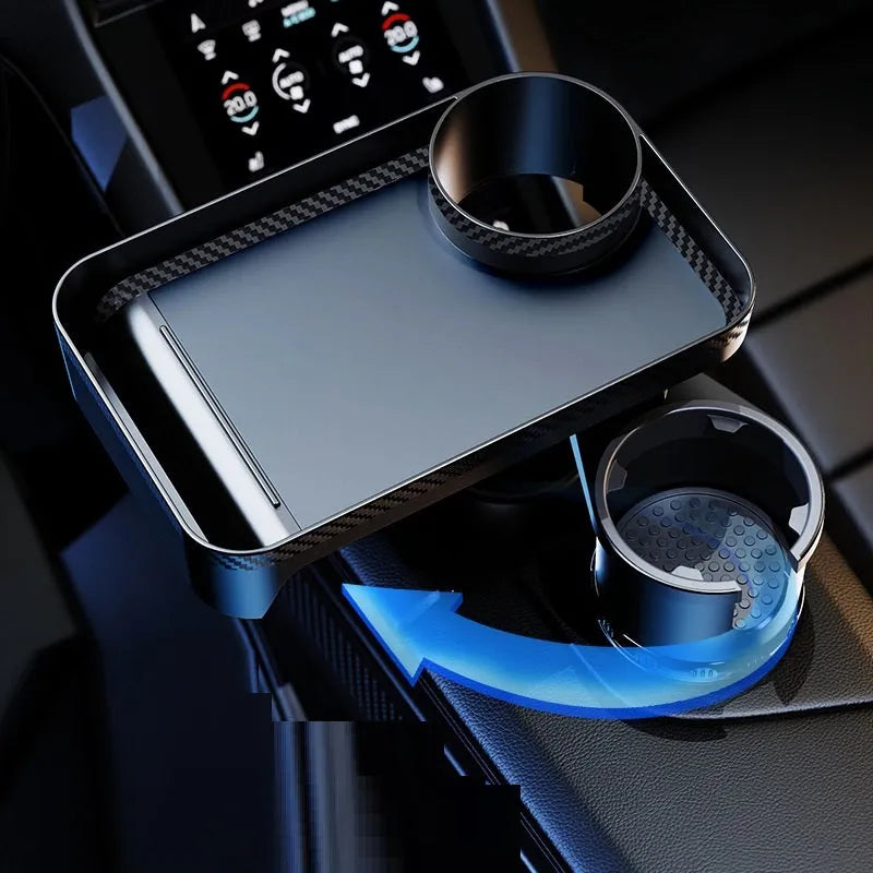 Black ABS car-mounted rotating dinner tray holder with cup and plate storage compartments