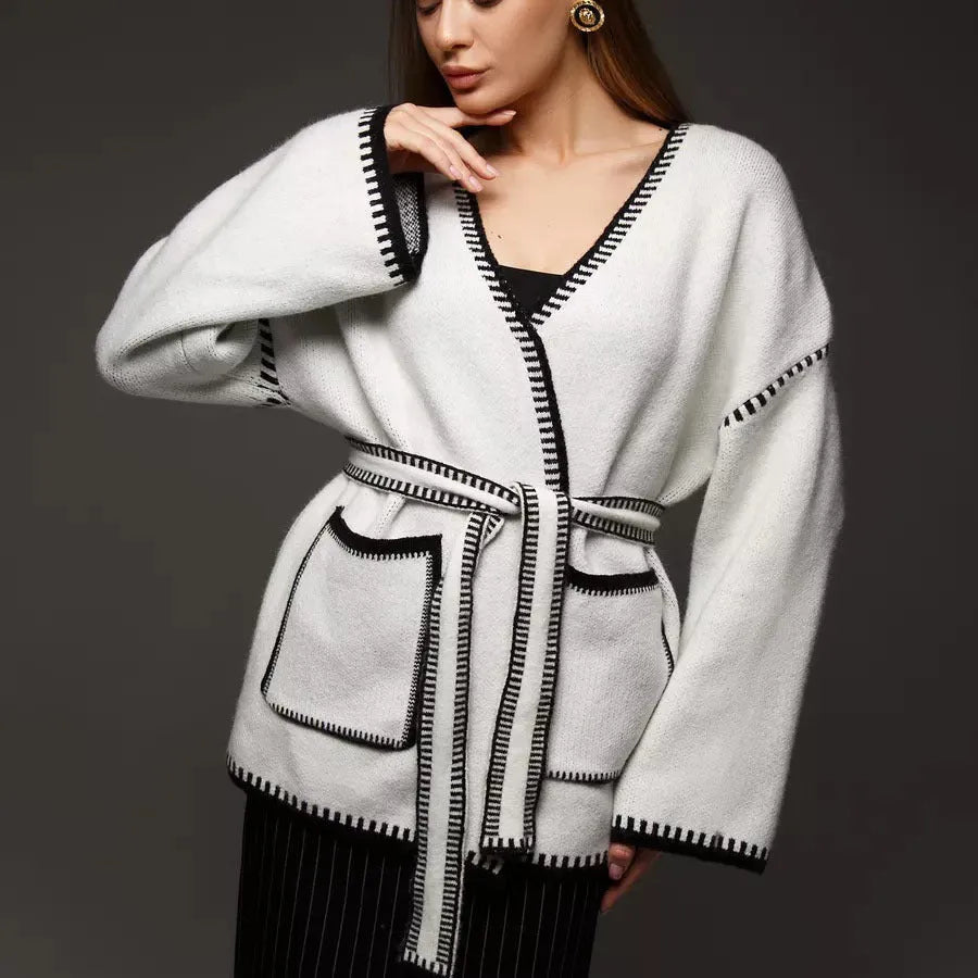 Loose lace-up knitted cardigan sweater coat in thick imitation cashmere fabric