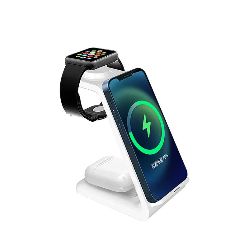 White 3-in-1 upright wireless charging stand holding a mobile phone at an angle