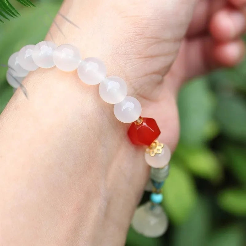 Natural white agate round beads bracelet with lotus seedpod design and Tian Shan Cui old beads