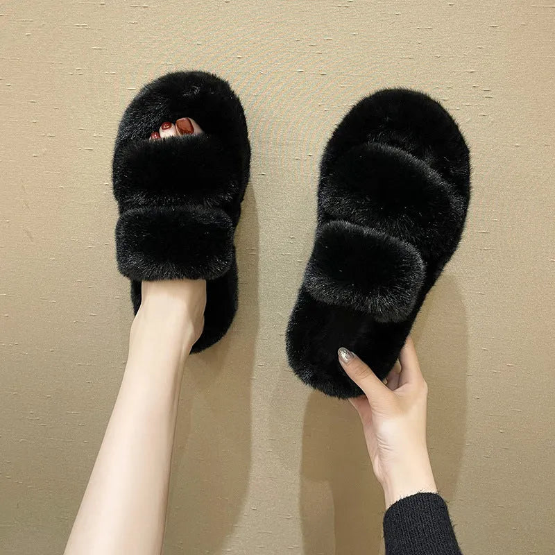 Women's fuzzy slippers in beige with faux fur upper and thick rubber sole, slip-on style for home use