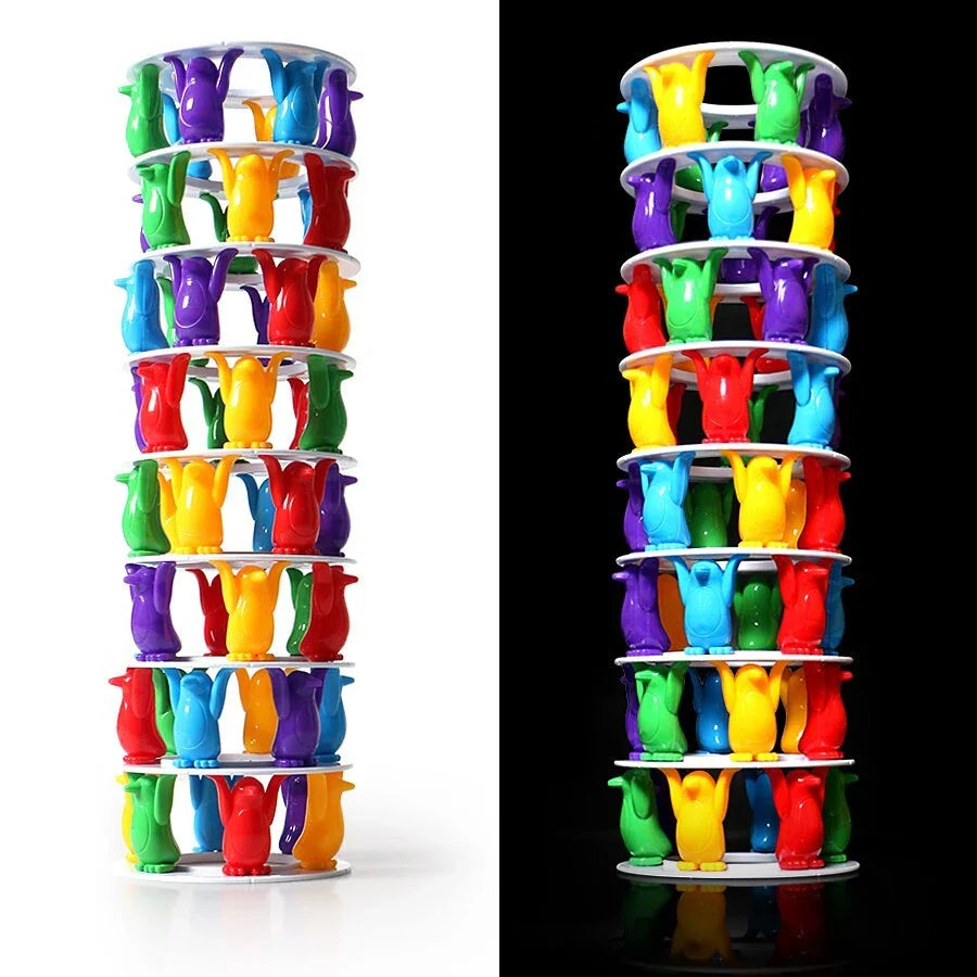 Colorful penguin-themed balance toy game for young Kiwi kids, featuring stacking and toppling challenge