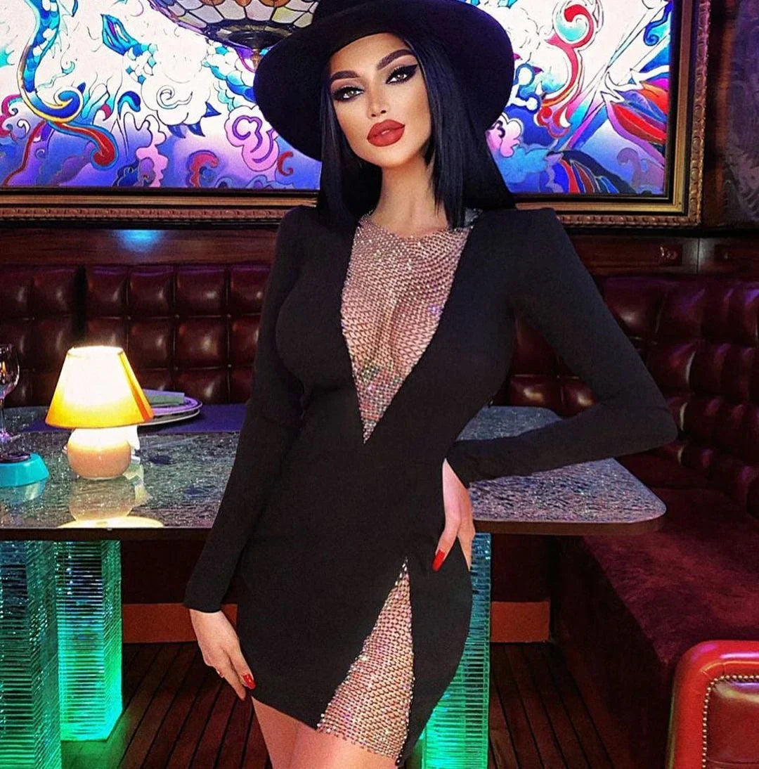 Alluring black cocktail dress with diamond-patterned mesh and long sleeves, perfect for a night out or special event