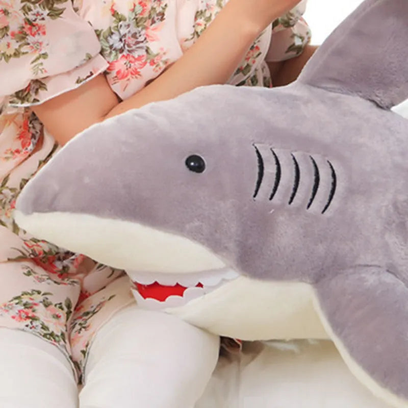 Grey shark plush toy 70cm long with short plush fabric and PP cotton filling, front view