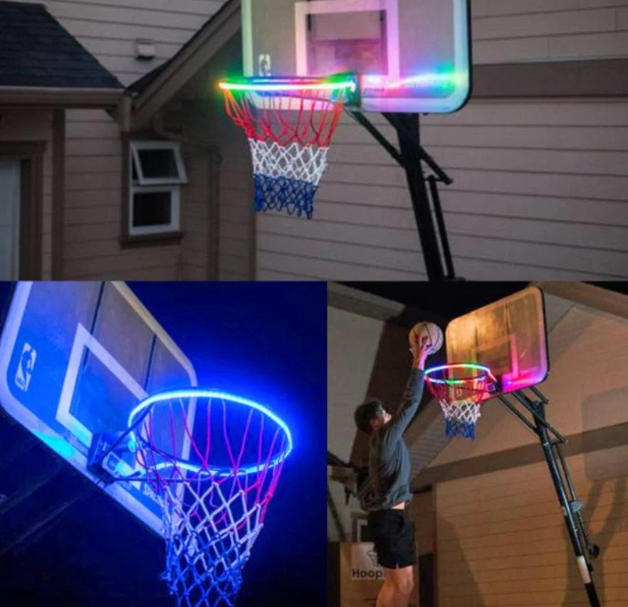 Induction Color Changing Basketball Frame Light attached to a basketball rim, illuminating at night