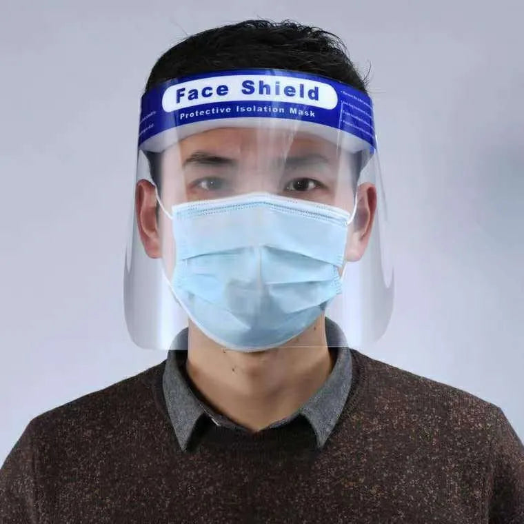 Blue PET self-protection head-on anti-splash mask on white background showing front view