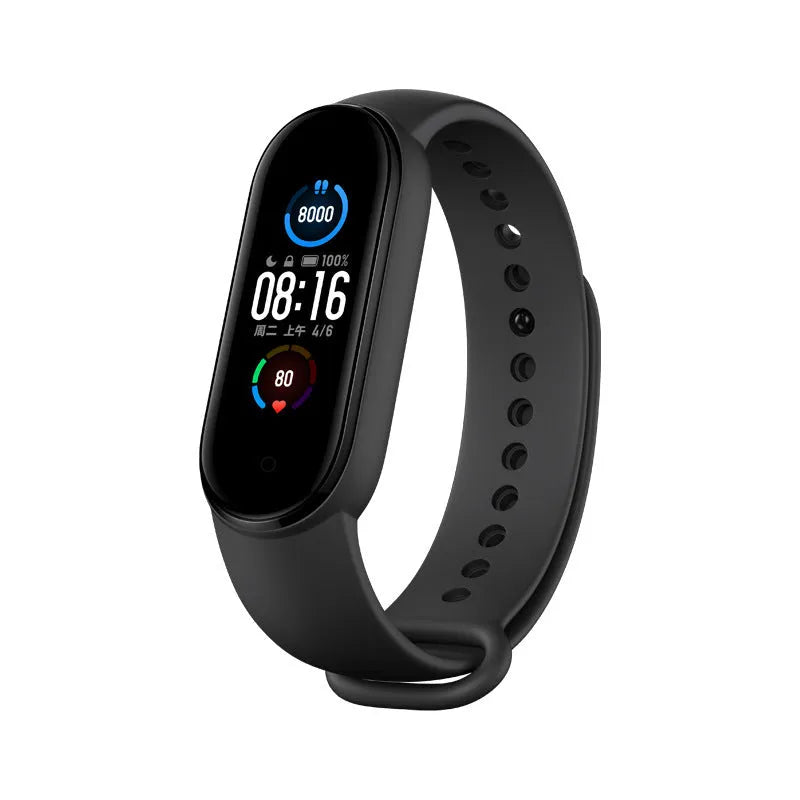 Xiaomi Mi Band 5 fitness tracker with 1.1 inch AMOLED screen and black TPU wristband