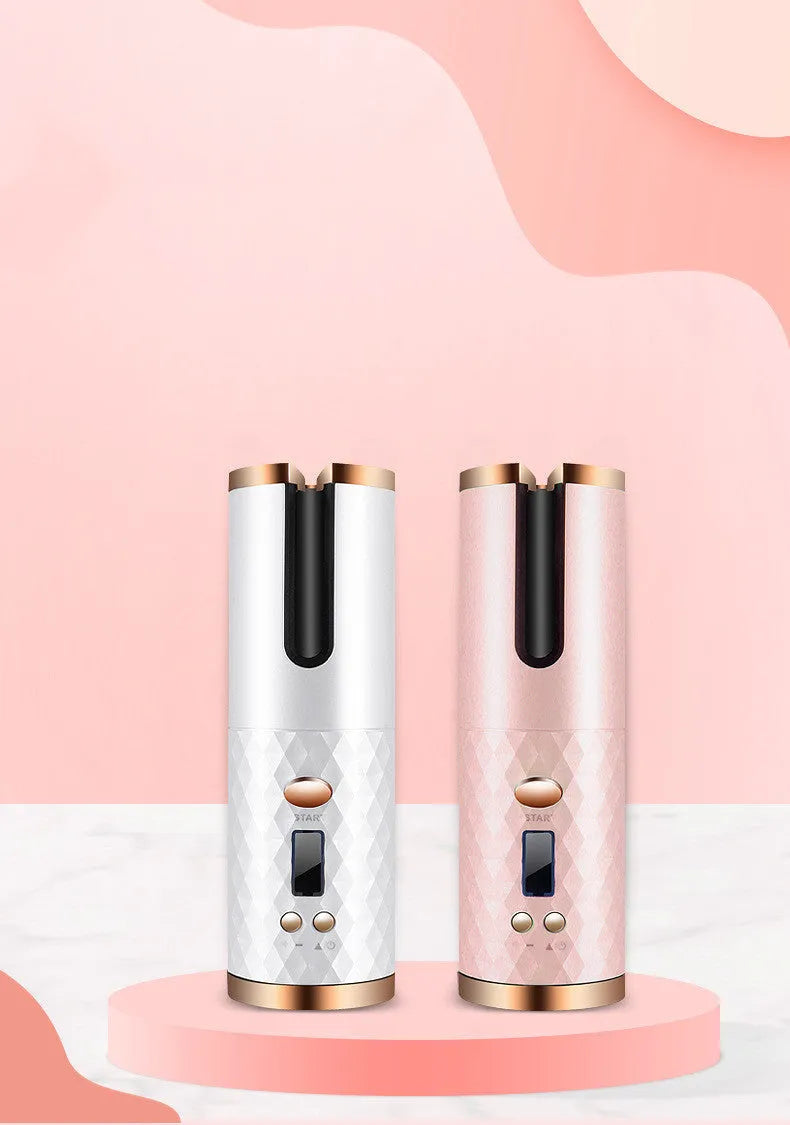Cordless automatic hair curling iron with LCD display in pink, black, white, or pink-grey colour.