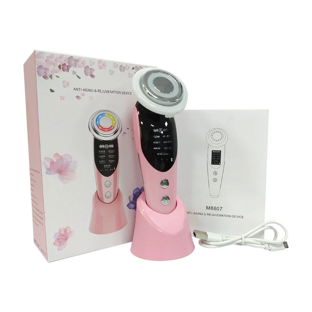7-in-1 Facial Massager with EMS Micro-current and LED Light Therapy in pearl white
