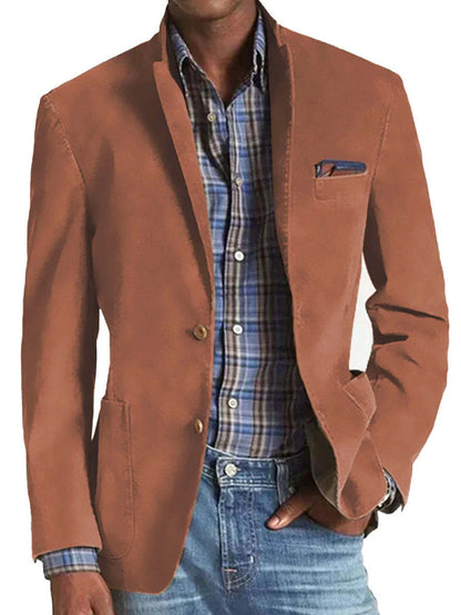 Men's khaki denim suit with three pockets and classic lapels