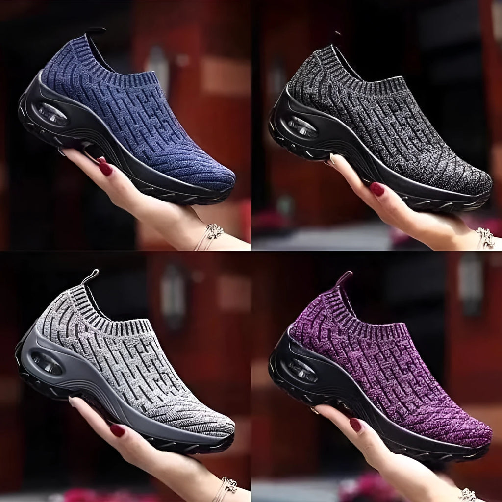 Women's air cushion walking shoes with breathable mesh upper, available in black, purple, grey, dark blue