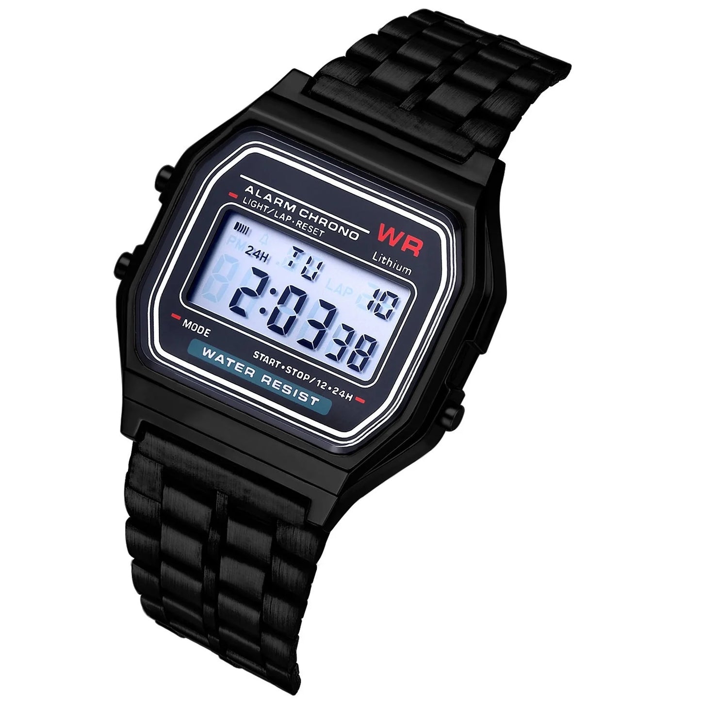 WR F91W Steel Band Electronic Watch with square dial and stainless steel strap