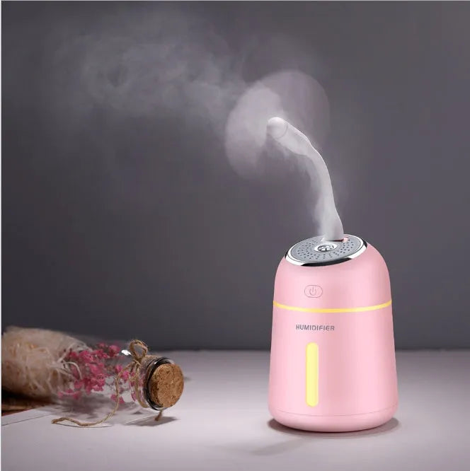 Mini ultrasonic humidifier 330ml four-in-one USB with LED light and fan in blue, pink and white on desk