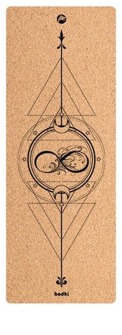 Cork yoga mat showing asana guide lines pattern with 183cm length and natural texture surface