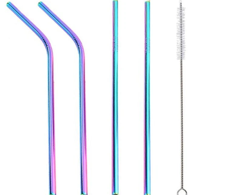 Colourful reusable stainless steel straws with threaded non-slip lines in various sizes and colours