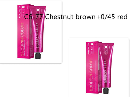 Ammonia-free hair dye 100ml tube with colour chart showing 40+ shades including WG75 cold brown and C5-66 purple