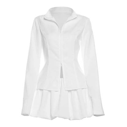 Women's slim suits V-neck zipper long-sleeved top and mini skirt two-piece set in white and black