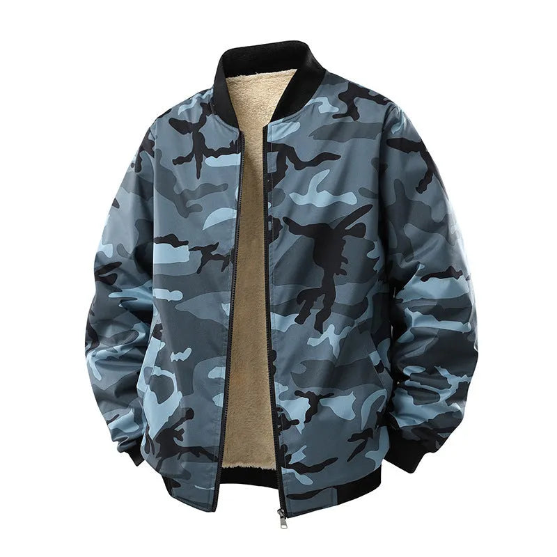 Men's fleece-lined thickened casual camouflage jacket in army green, loose fit, polyester blend