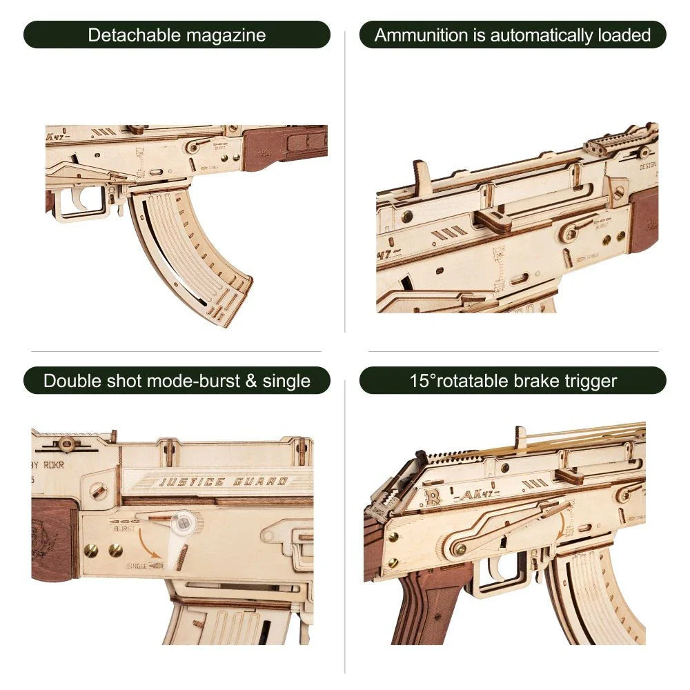 Precision Wooden AK-47 Rifle with Authentic Design, Dual Firing Modes, and Detachable Magazine