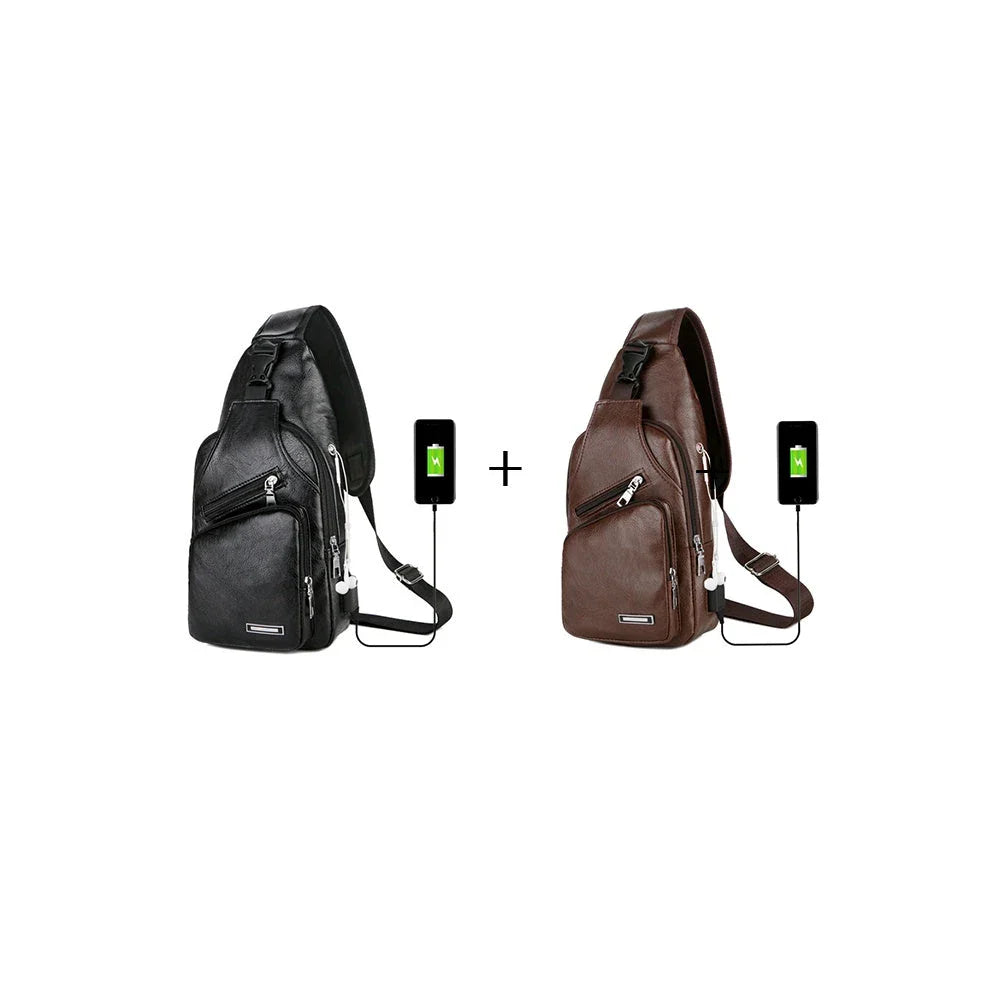 USB portable charging chest bag with headphone jack in various colors