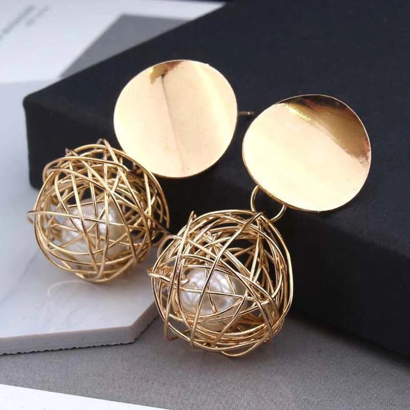Vintage Geometric Earrings with woven ball and pearl stud design, 4.5cm length