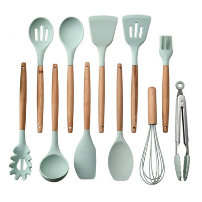 Silicone kitchenware set with wooden handle, heat resistant up to 230°C