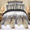 Wolf print bedding set on a queen bed showing bed cover, fitted sheet, and two pillowcases