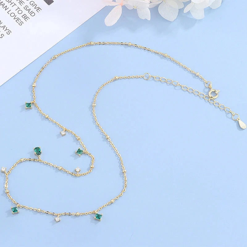 Generous water drop emerald zircon necklace with sterling silver chain, Korean style jewelry