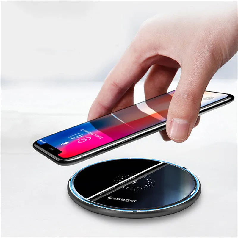 Black or white 15W fast wireless charging pad with LED light and aluminium alloy finish.