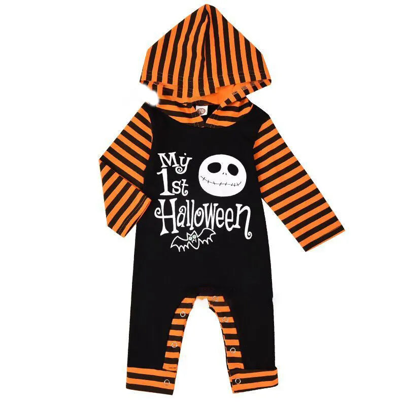 Black cotton hooded Halloween romper for a child, showing long sleeves and full-length legs.