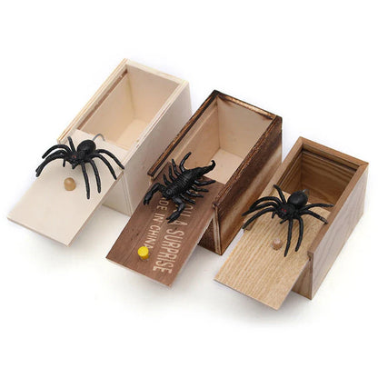 Wooden Scare Box with lifelike prank spider for April Fools' Day fun