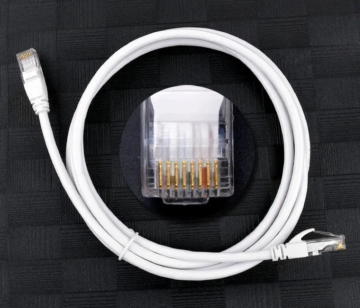 White Cat6 network cable with RJ45 connectors in various lengths including 1M to 50M for Ethernet networking