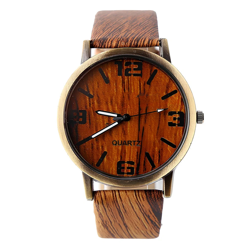 Wood grain style quartz wrist watch with 40.5mm round dial, 11mm thick metal case, and plastic strap - precise timekeeping accessory