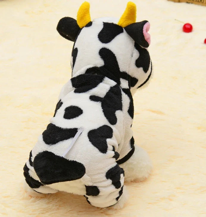 White cow costume hooded sweatshirt for pets with black patches and fleece lining